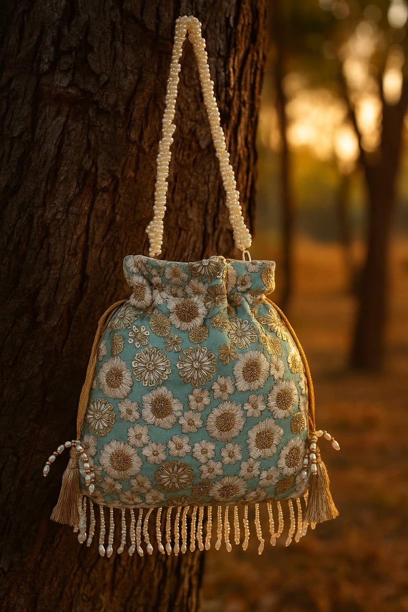 DUCHESS Silk Potli Bag for Ladies – Elegant Embroidered Batua Purse for Women | Stylish Potli Bags for Wedding Functions, Festive Occasions & Return Gifts with Pearl Detailing (Pastel Blue) - Image 5