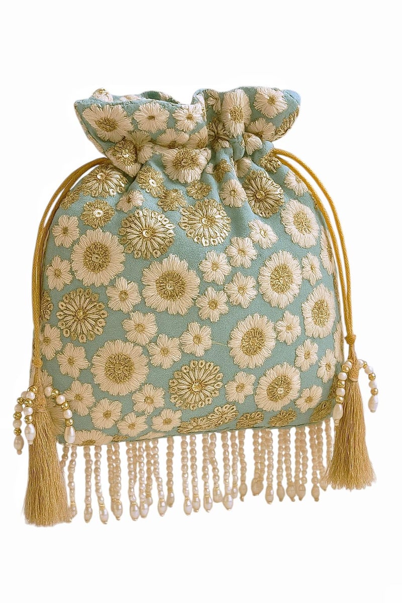 DUCHESS Silk Potli Bag for Ladies – Elegant Embroidered Batua Purse for Women | Stylish Potli Bags for Wedding Functions, Festive Occasions & Return Gifts with Pearl Detailing (Pastel Blue) - Image 2