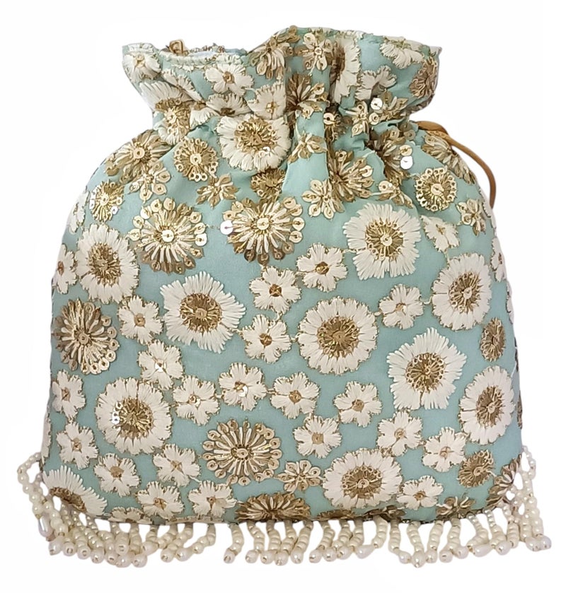 DUCHESS Silk Potli Bag for Ladies – Elegant Embroidered Batua Purse for Women | Stylish Potli Bags for Wedding Functions, Festive Occasions & Return Gifts with Pearl Detailing (Pastel Blue) - Image 3