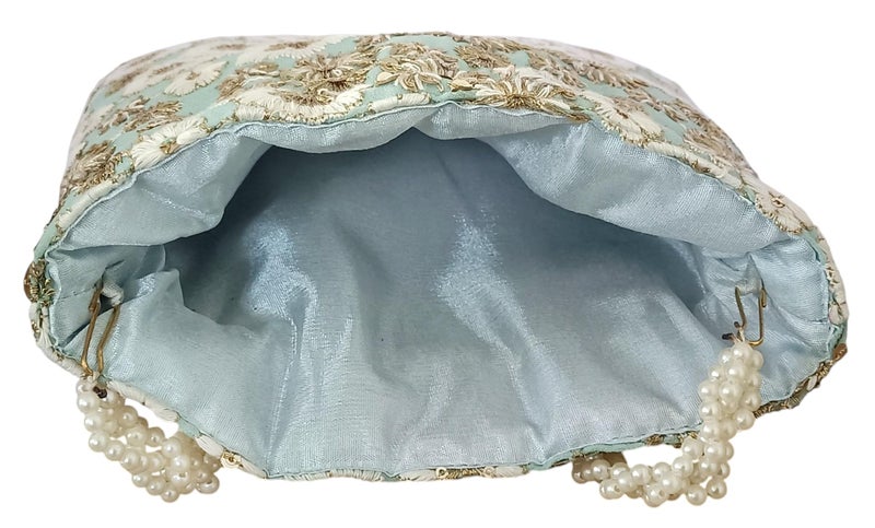 DUCHESS Silk Potli Bag for Ladies – Elegant Embroidered Batua Purse for Women | Stylish Potli Bags for Wedding Functions, Festive Occasions & Return Gifts with Pearl Detailing (Pastel Blue) - Image 4