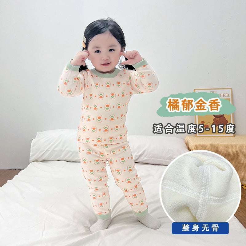 Class A baby infant boneless underwear suit autumn and winter de Velvet thickened autumn clothes long pants childrens homewear Orange Tulip - Image 1