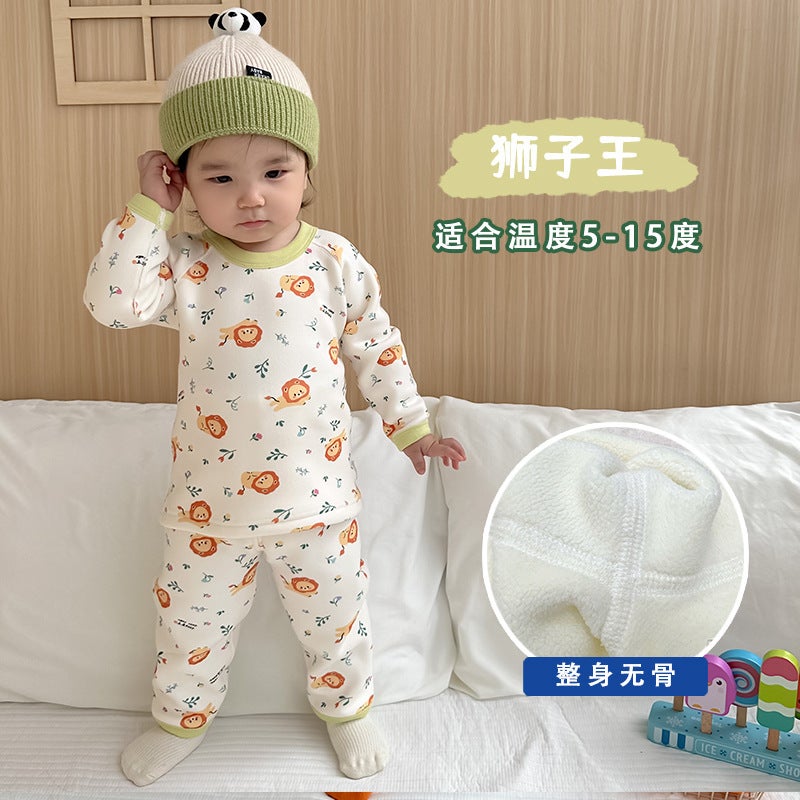 Class A baby infant boneless underwear suit autumn and winter de Velvet thickened autumn clothes long pants childrens homewear Orange Tulip - Image 3