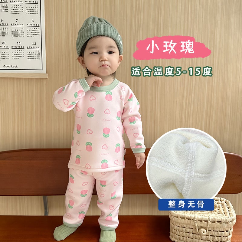 Class A baby infant boneless underwear suit autumn and winter de Velvet thickened autumn clothes long pants childrens homewear Orange Tulip - Image 2