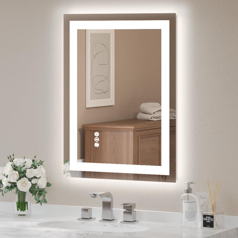 USHOWER LED Bathroom Mirror 24x32 Inch Tempered Glass - Frameless LED Backlit Lighted Mirror for Bathroom Vanity with Anti-Fog, 3 Colors Dimmable, Memory Function, Wall-Mounted - Image 1