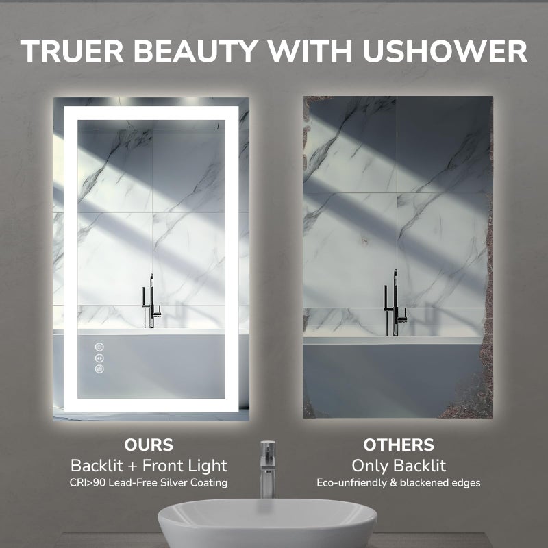USHOWER LED Bathroom Mirror 24x32 Inch Tempered Glass - Frameless LED Backlit Lighted Mirror for Bathroom Vanity with Anti-Fog, 3 Colors Dimmable, Memory Function, Wall-Mounted - Image 5