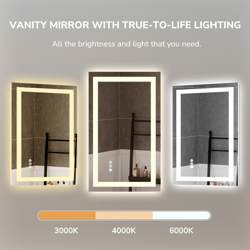 USHOWER LED Bathroom Mirror 24x32 Inch Tempered Glass - Frameless LED Backlit Lighted Mirror for Bathroom Vanity with Anti-Fog, 3 Colors Dimmable, Memory Function, Wall-Mounted - Image 4