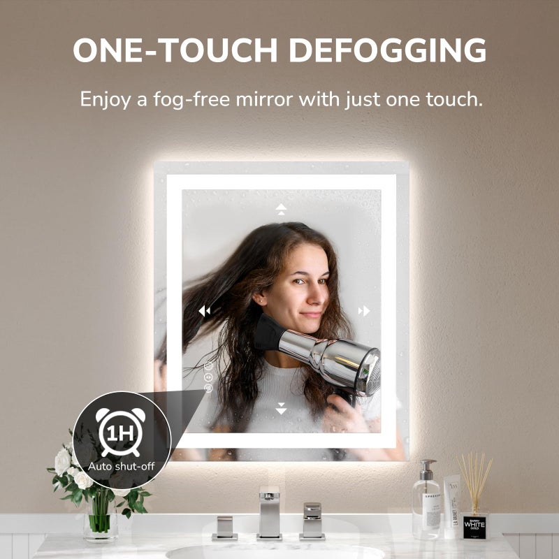 USHOWER LED Bathroom Mirror 24x32 Inch Tempered Glass - Frameless LED Backlit Lighted Mirror for Bathroom Vanity with Anti-Fog, 3 Colors Dimmable, Memory Function, Wall-Mounted - Image 2
