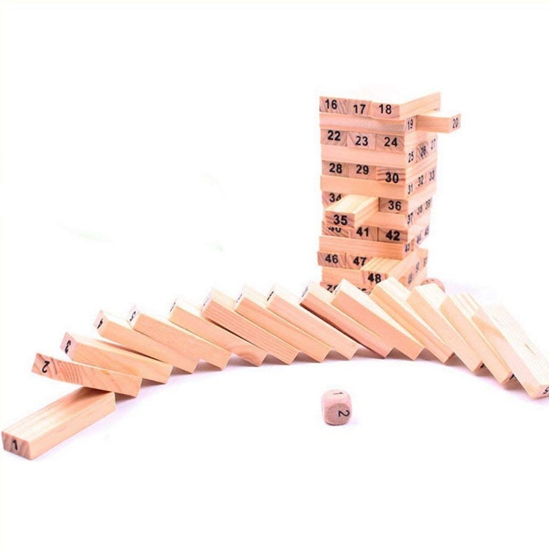 Generic Wooden Numbered Stacking Tower Block Game with Dice - 54 Pieces Family Party Game - Image 4