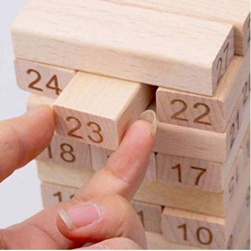 Generic Wooden Numbered Stacking Tower Block Game with Dice - 54 Pieces Family Party Game - Image 3