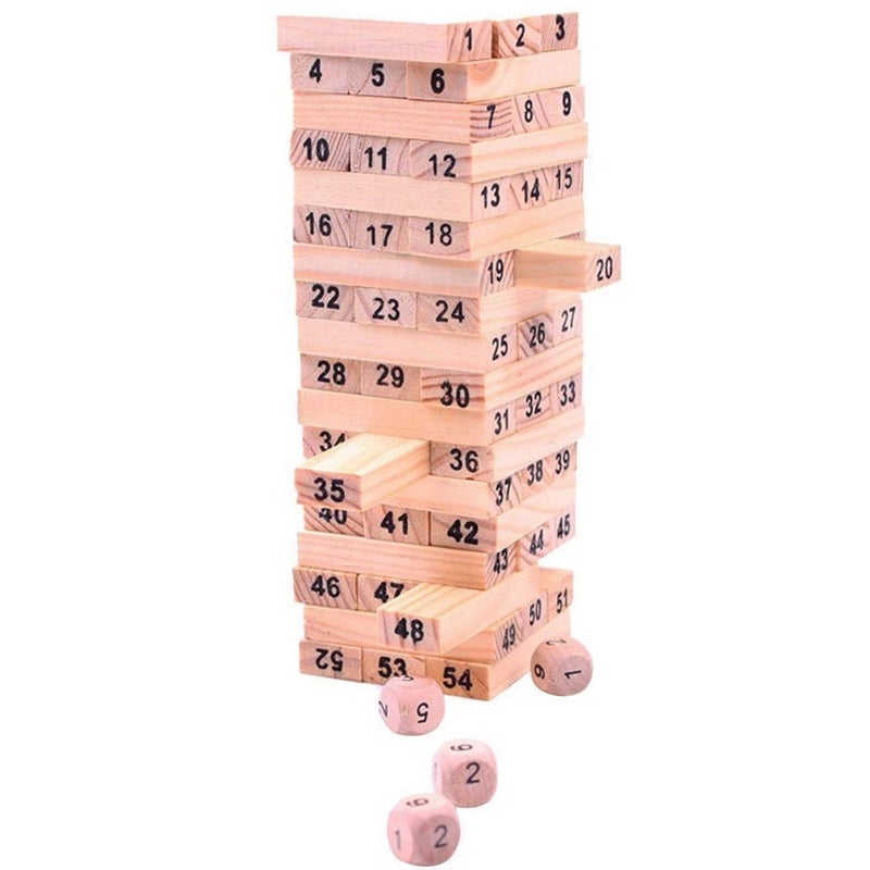 Generic Wooden Numbered Stacking Tower Block Game with Dice - 54 Pieces Family Party Game - Image 1