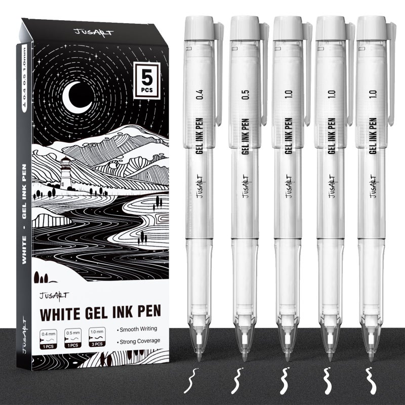 JusArt White Gel Pens with 0.4mm, 0.5mm & 1.0mm Assorted Tips, Opaque White Ink Pens for Black Paper, Drawing, Journaling & DIY Crafts, Ideal Drawing Pens for Artists & Art Supplies, 5 Pack - Image 1