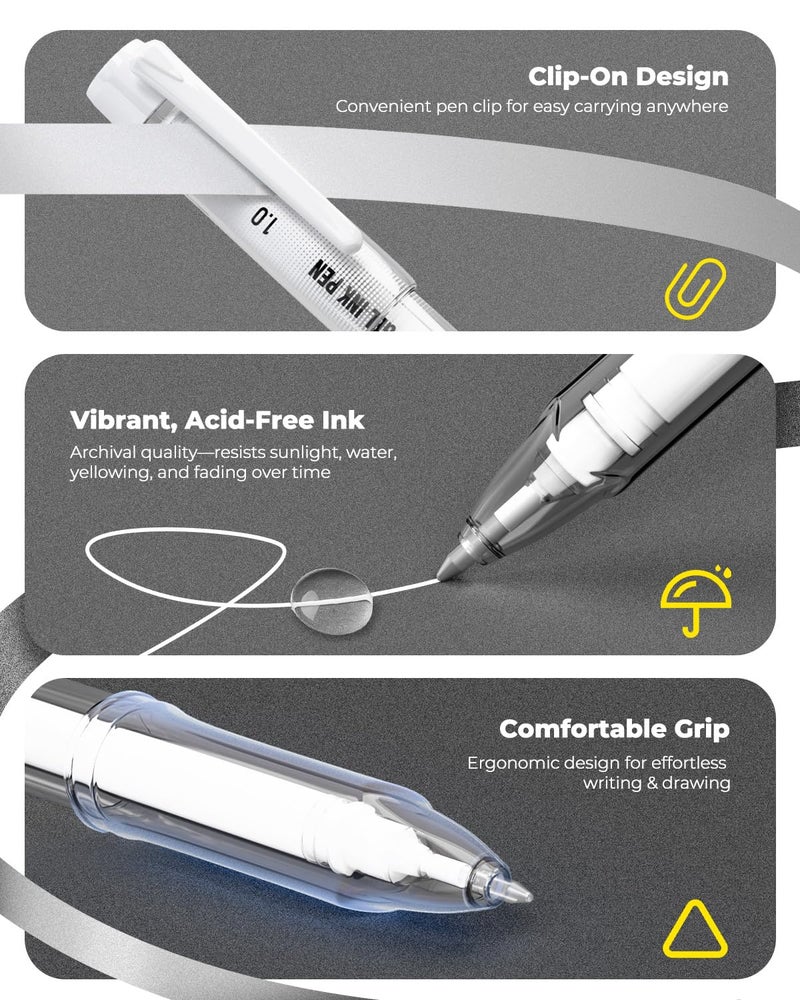 JusArt White Gel Pens with 0.4mm, 0.5mm & 1.0mm Assorted Tips, Opaque White Ink Pens for Black Paper, Drawing, Journaling & DIY Crafts, Ideal Drawing Pens for Artists & Art Supplies, 5 Pack - Image 4