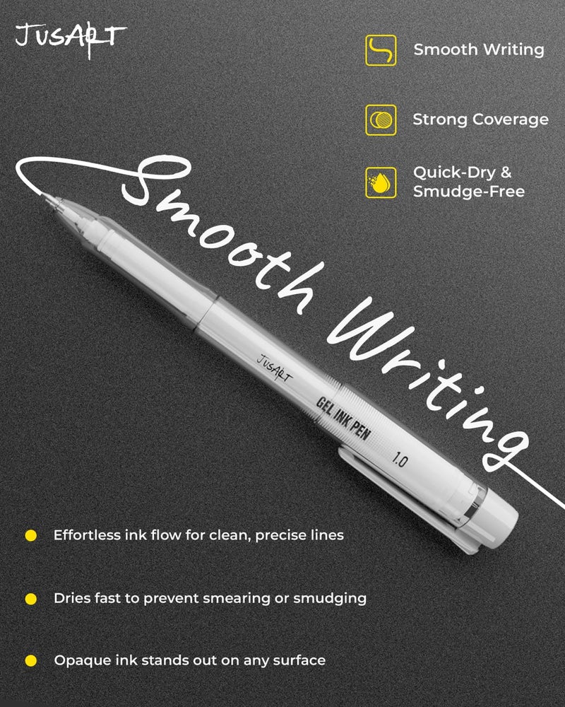 JusArt White Gel Pens with 0.4mm, 0.5mm & 1.0mm Assorted Tips, Opaque White Ink Pens for Black Paper, Drawing, Journaling & DIY Crafts, Ideal Drawing Pens for Artists & Art Supplies, 5 Pack - Image 3