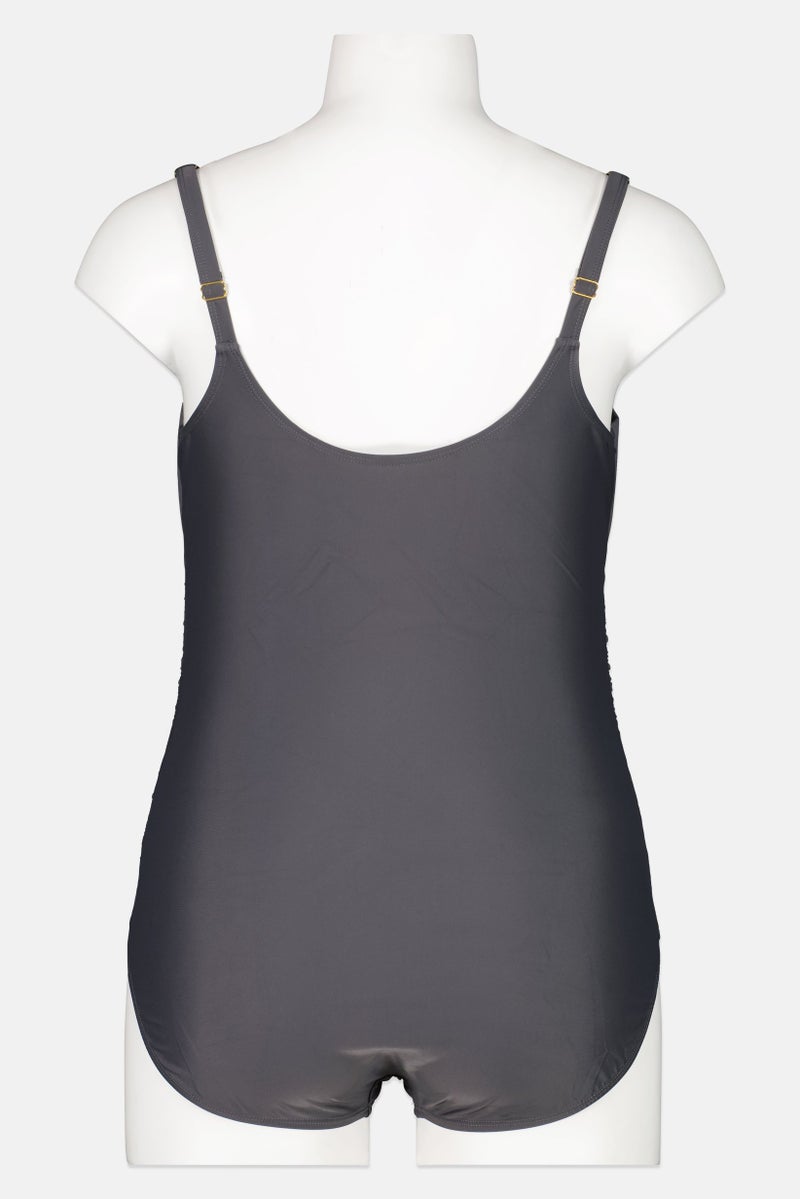 Caribbean Sand Women Plus Size Padded Plain One Piece Swimsuit, Dark Grey - Image 3