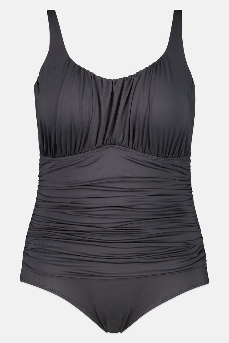 Caribbean Sand Women Plus Size Padded Plain One Piece Swimsuit, Dark Grey - Image 2