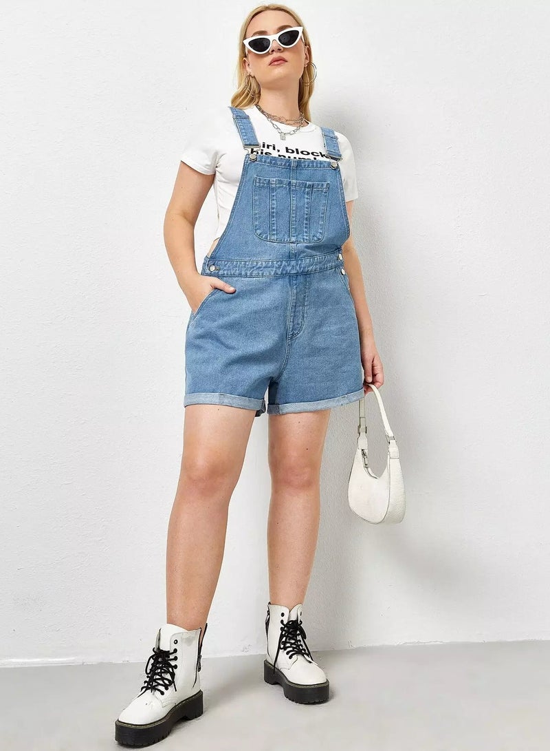 Plus Pocket Front Rolled Hem Denim Romper - Image 1