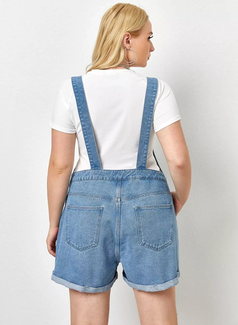Plus Pocket Front Rolled Hem Denim Romper - Image 2