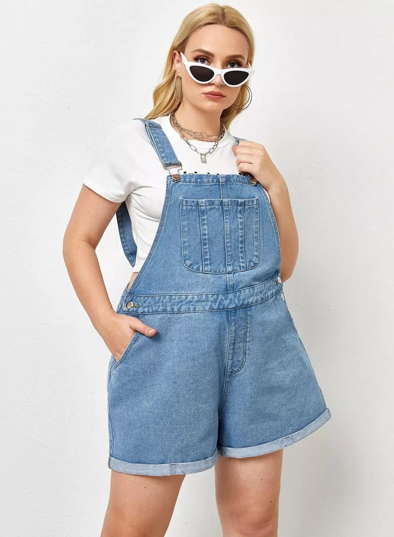 Plus Pocket Front Rolled Hem Denim Romper - Image 3