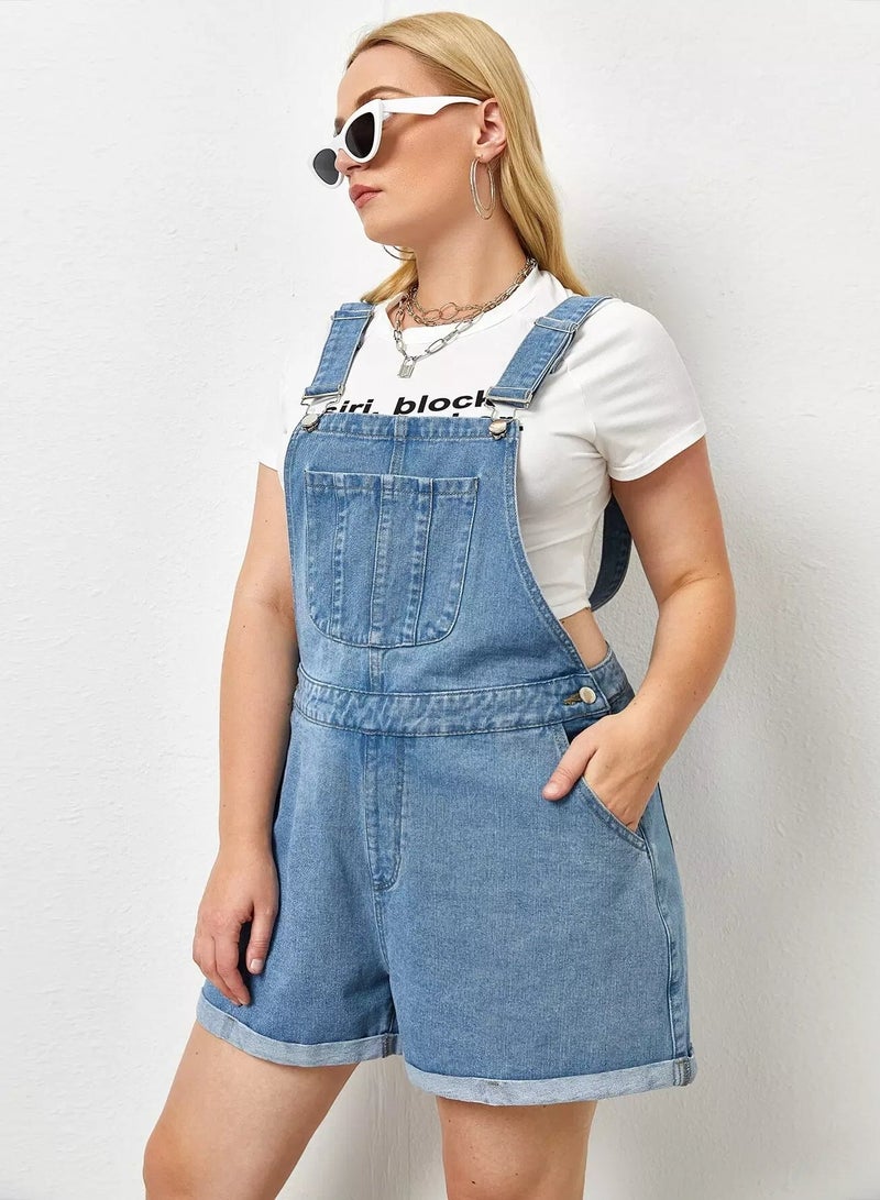 Plus Pocket Front Rolled Hem Denim Romper - Image 4