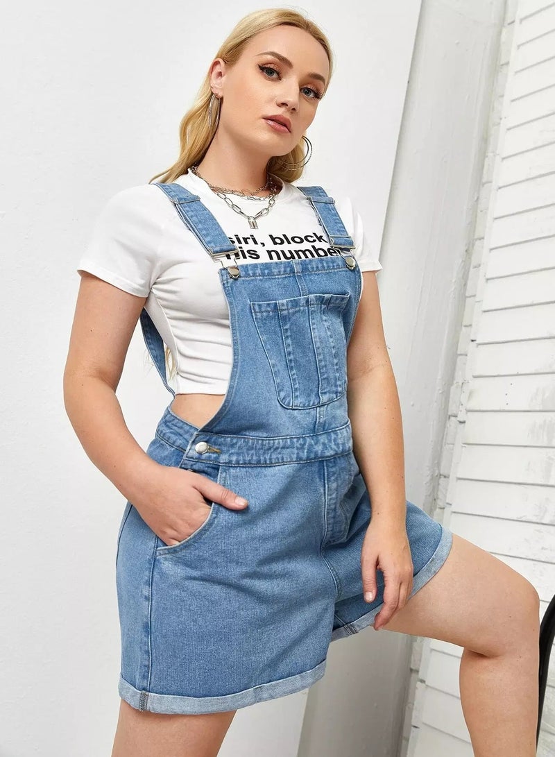 Plus Pocket Front Rolled Hem Denim Romper - Image 5