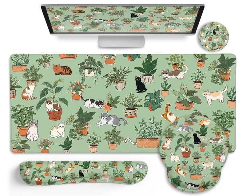 LIMKRIAN Cat Mouse Pad XXL Desk Mat Set Green Ergonomic Mouse Pad with Wrist Rest Large Gaming Mousepad Wrist Support Keyboard Mat Cup Coaster Set Cute Office Desk Decor Accessories - Image 2