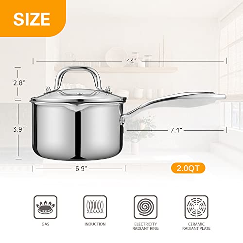 Cyrosa قدر ستانلس ستيل مع غطاء زجاجي، 2.0 لتر قدر متعدد الاستخدامات، وعاء صلصة مع تصميم سهل الصب ومقبض مريح - Image 4