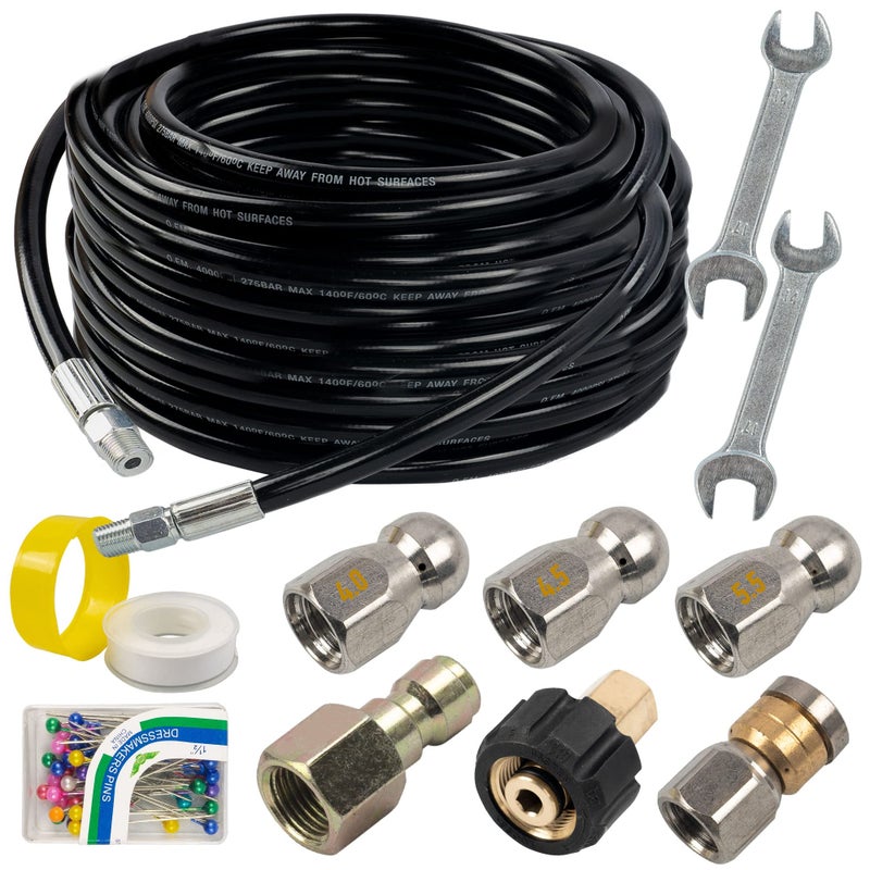Hourleey Hourleey Sewer Jetter Kit for Pressure Washer 50FT, Drain Cleaner Hose 1/4 Inch NPT, Orifice 4.0 Button Nose and Rotating Sewer Jetting Nozzle Spanner Tape Pearl Corsage Pin, 4000 PSI  - Image 1
