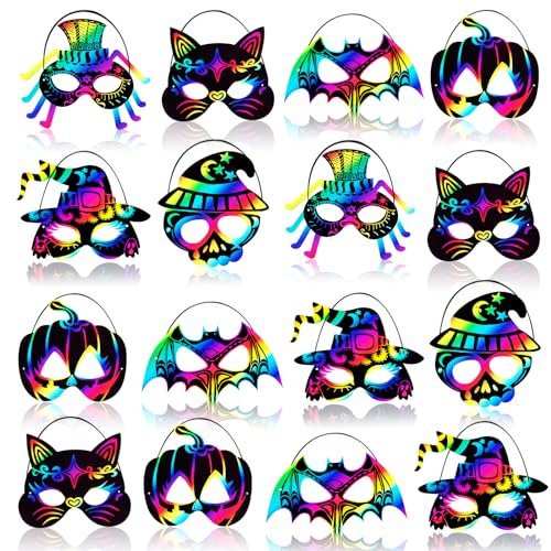 Max Fun 36PCS Halloween Rainbow Scratch Mask Art Craft Kit for Kids Birthday Cosplay Classroom Decoration Magic Scratch Paper Halloween Party Favor Supplies Bat Witch Pumpkin Zombie Pirate Skull - Image 1