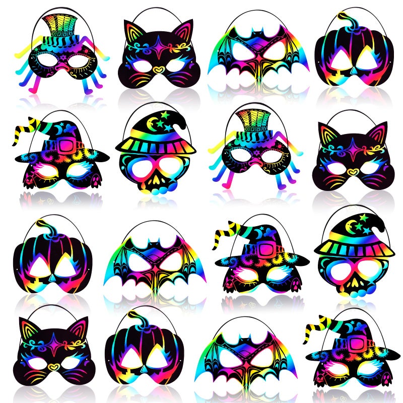 Max Fun 36PCS Halloween Rainbow Scratch Mask Art Craft Kit for Kids Birthday Cosplay Classroom Decoration Magic Scratch Paper Halloween Party Favor Supplies Bat Witch Pumpkin Zombie Pirate Skull - Image 2