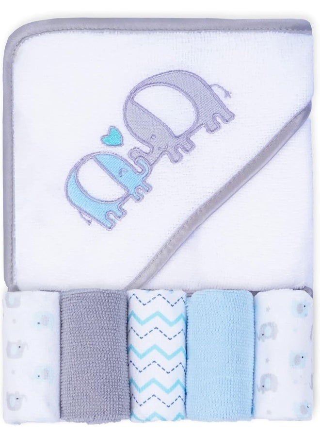 فيفي لاند Baby Towels and Washcloths, Soft Absorbent Baby Bath Towel Set, Elephant Hooded Towels with 5 Infant Face Washcloths - Image 1