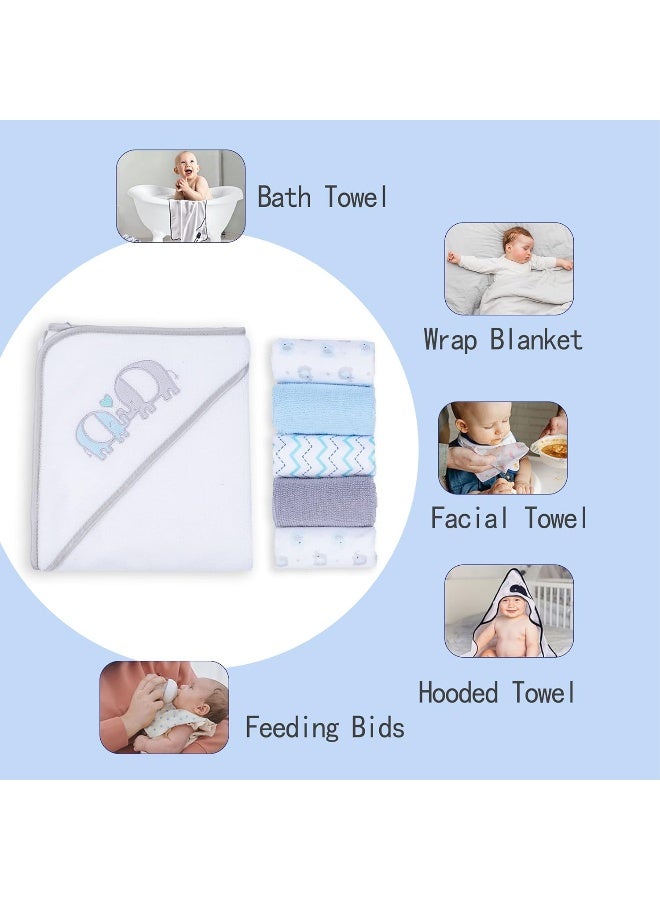 فيفي لاند Baby Towels and Washcloths, Soft Absorbent Baby Bath Towel Set, Elephant Hooded Towels with 5 Infant Face Washcloths - Image 2