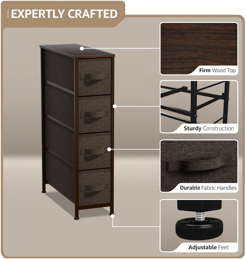 Sorbus Narrow Dresser with 4 Drawers - Vertical Slim Storage Chest of Drawers with Steel Frame, Wood Top & Easy Pull Fabric Bins for Small Spaces, Closets, Bedroom, Bathroom & Laundry (Brown) - Image 2