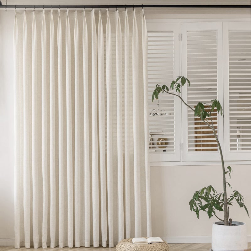 MAIHER Pinch Pleated Linen Curtains for Sliding Patio Door, 72" W x 108" L, Light Filtering Semi Sheer Pinch Pleat Drapes for Living Room, Privacy Curtain, Natural Linen, 1 Panel - Image 1