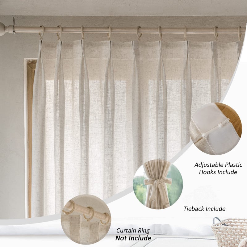 MAIHER Pinch Pleated Linen Curtains for Sliding Patio Door, 72" W x 108" L, Light Filtering Semi Sheer Pinch Pleat Drapes for Living Room, Privacy Curtain, Natural Linen, 1 Panel - Image 3