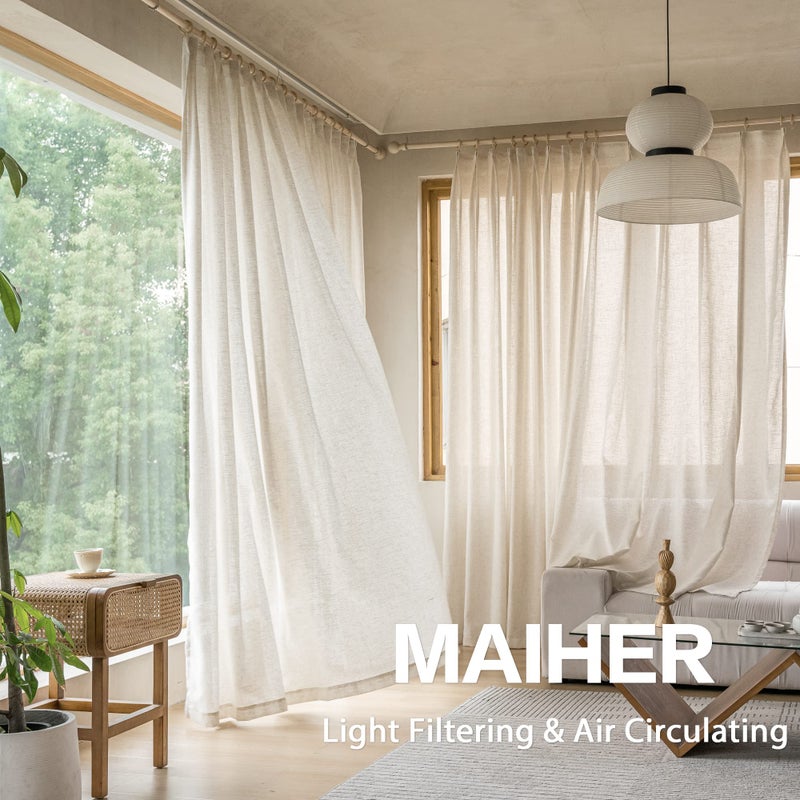 MAIHER Pinch Pleated Linen Curtains for Sliding Patio Door, 72" W x 108" L, Light Filtering Semi Sheer Pinch Pleat Drapes for Living Room, Privacy Curtain, Natural Linen, 1 Panel - Image 5