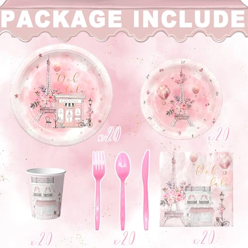 Outego Paris Party Decorations Set - Chic Parisian Party Plates, Cups, Napkins, and Cutlery for a Magical Celebration - Elegant and Disposable Paris Party Supplies for Birthdays and Events - Image 2