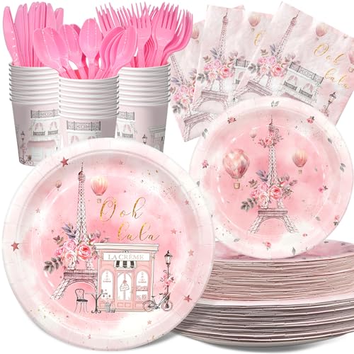 Outego Paris Party Decorations Set - Chic Parisian Party Plates, Cups, Napkins, and Cutlery for a Magical Celebration - Elegant and Disposable Paris Party Supplies for Birthdays and Events - Image 1
