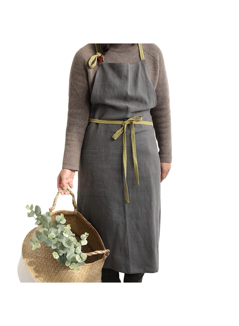 SYOSI مئزر مطبخ من الكتان مع جيب للنساء والرجال، مئزر طهي عصري مع جيب عملي مئزر طهي مصنوع يدوياً مئزر كتان للحرفيين للطهي والخبز - Image 1