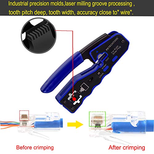 PETECHTOOL RJ45 Crimp Tool Kit Crimping Tool Ethernet Crimper Wire Cutter Stripper With 1 Piece Cable Tester,20Pieces Cat6 Pass Through Connectors and 1 Piece Yellow Wire Stripper - Image 4