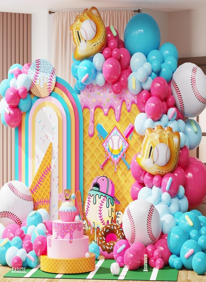 EASUTE Ice Cream Drip Baseball Birthday Party Decorations, 133PCS Baseball Balloon Arch Garland Kit Ice Cream Theme Hot Pink Latex Balloons with Baseball Foil Balloons for Birthday Baby Shower Party Supplies - Image 1