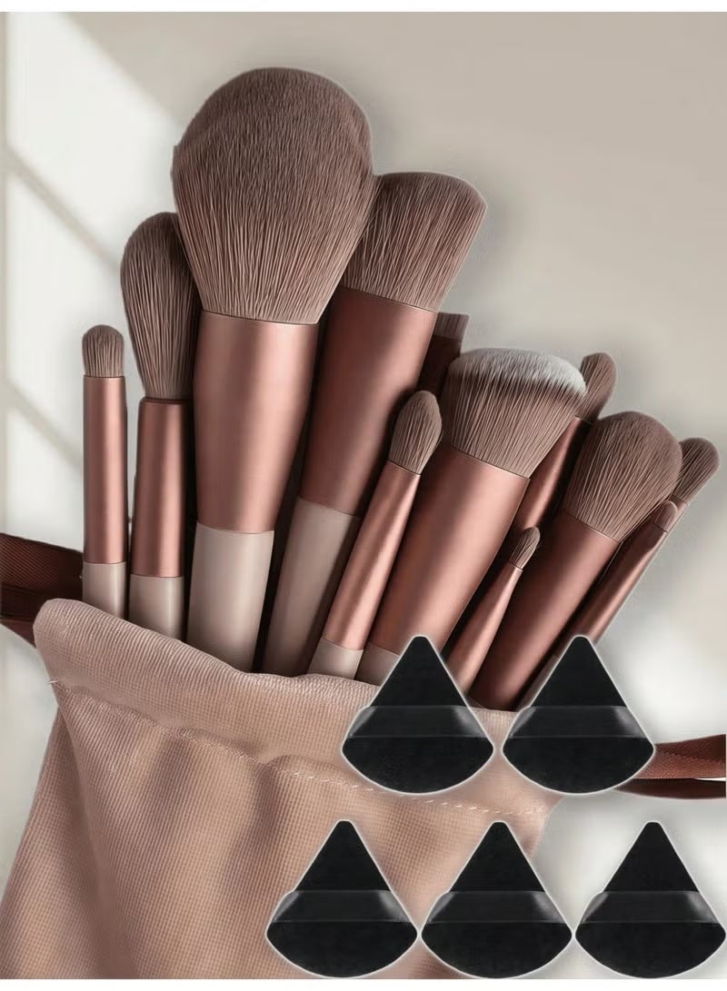 18-Piece Makeup Set – 5 Velvet Triangular Powder Puffs + 13 Professional Soft Makeup Brushes for Face & Eyes - Image 1