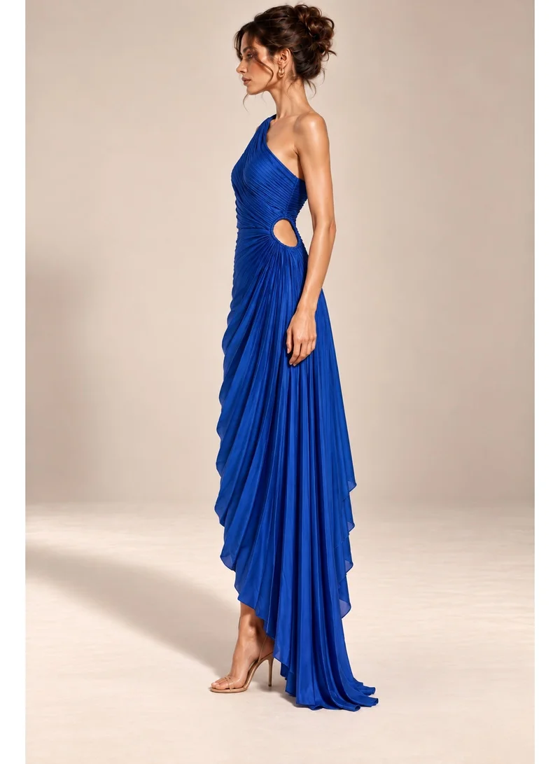 2Trendy Women's Royal Blue Maxi Dress with One Shoulder, Side Cutout and Pleats