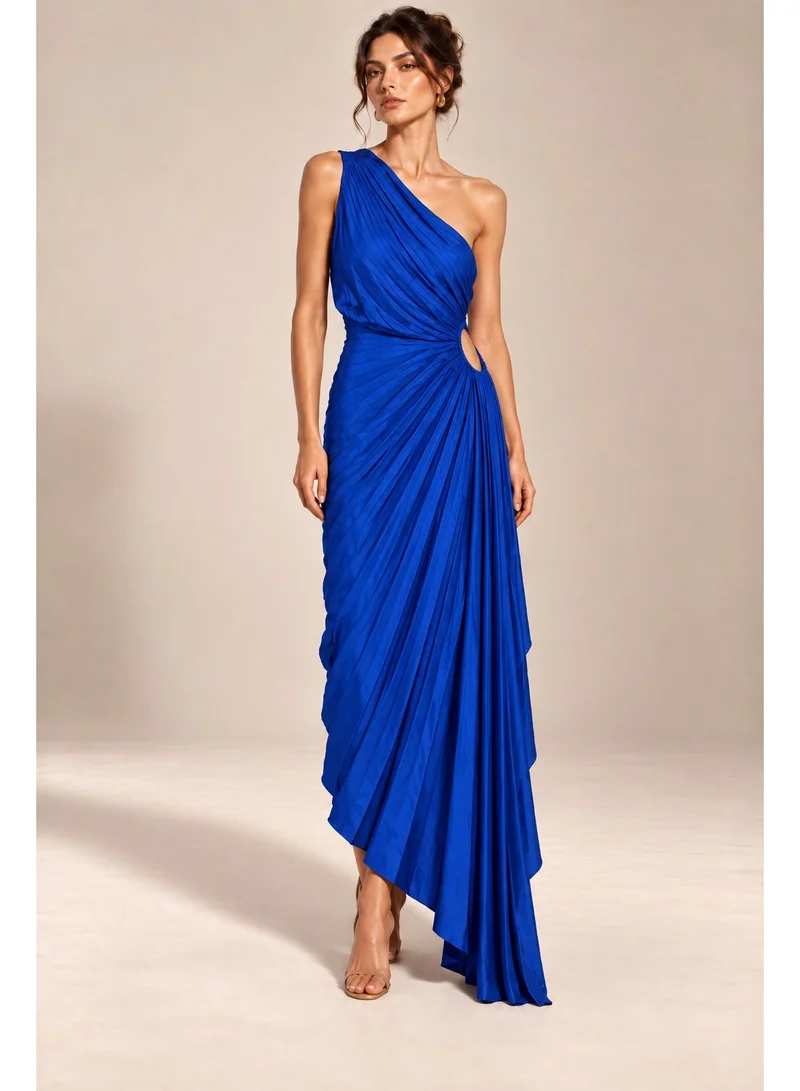 2Trendy Women's Royal Blue Maxi Dress with One Shoulder, Side Cutout and Pleats