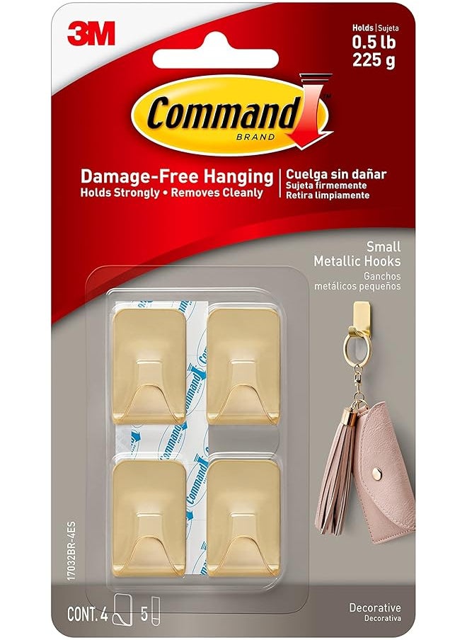 Command Command Stainless Steel Metal Small Hook Gold color, 4 hooks + 5 strips/pack | holds 225 gr. each hook | Organize | Decoration | No Tools | Holds Strongly | Damage-Free Hanging  - Image 1