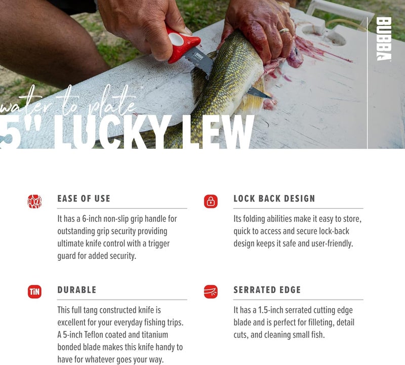 Bubba 5 Inch Lucky Lew Folding Compact Fillet Knife with Non-Slip Grip Handle, Stainless Steel Blade, Lanyard Hole and Synthetic Carry Case for Gutting, Fishing and Hunting - Image 4