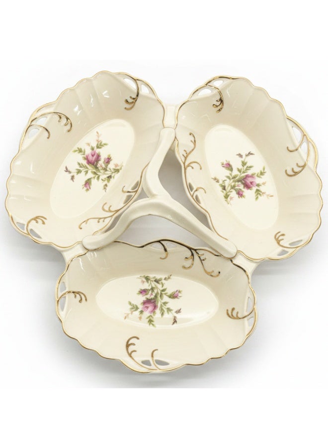 AKDC Angela Premium 19x13cm Cream Ceramic 3-Leaf Candy Serving Bowl with Floral Design, Decorative Tableware - Image 1