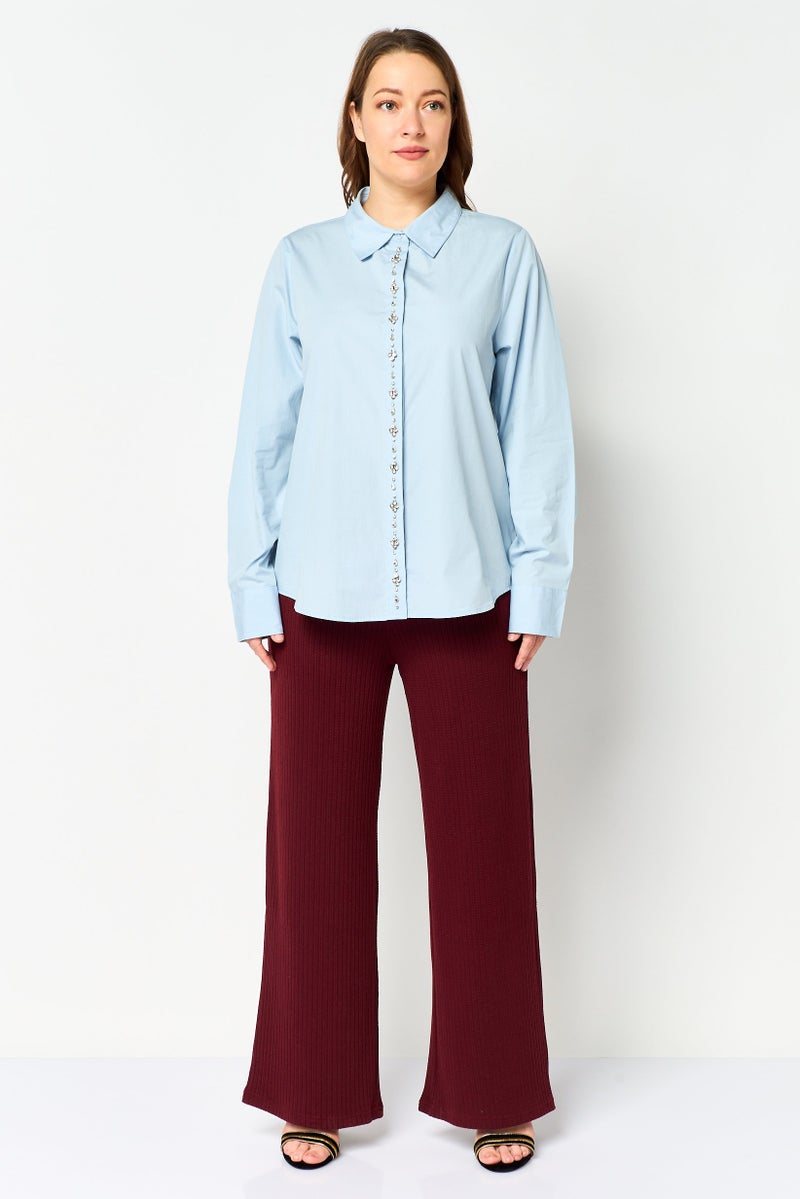 bebe Women Spread Collar Embellished Long Sleeve Shirt, Light Blue - Image 4