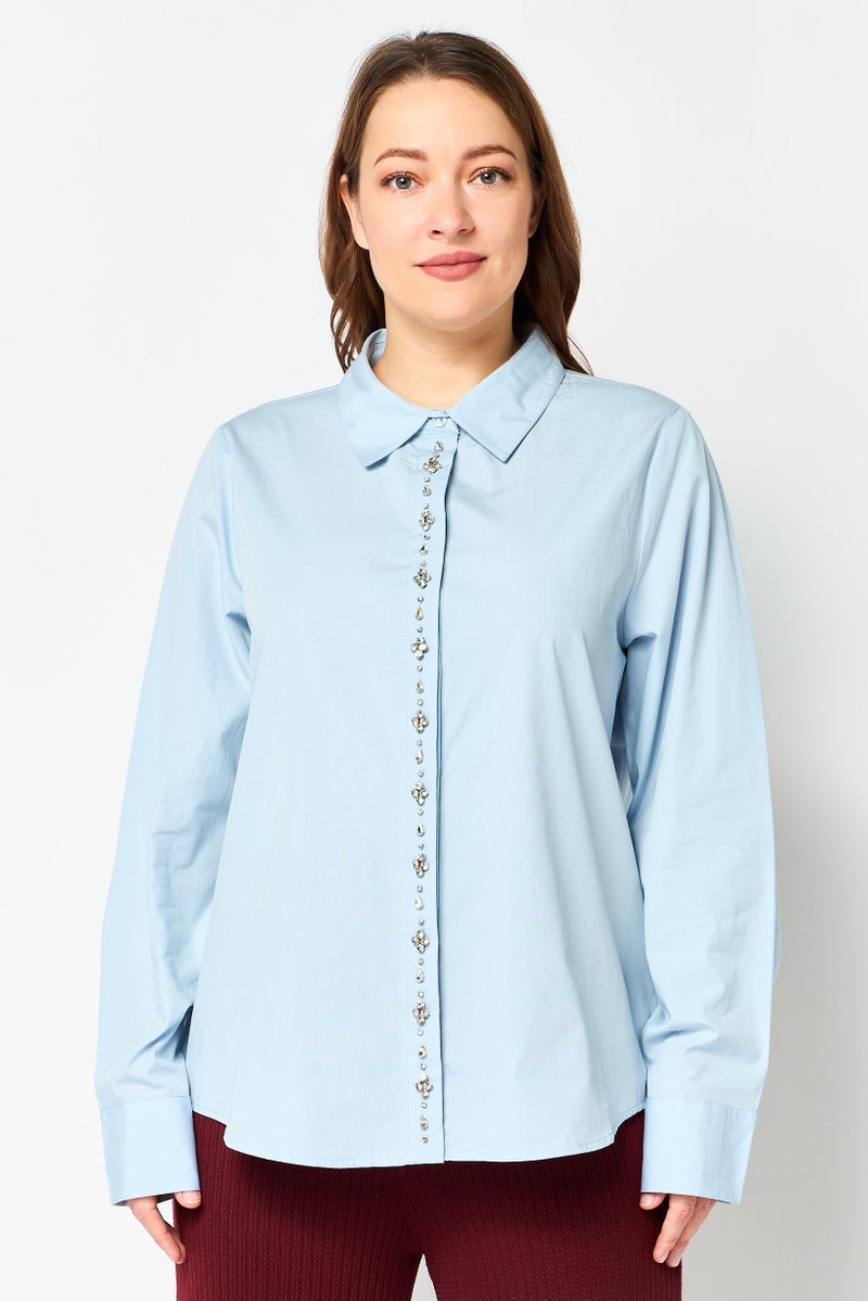 bebe Women Spread Collar Embellished Long Sleeve Shirt, Light Blue - Image 1