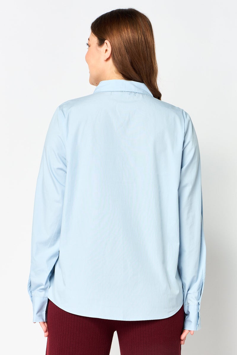 bebe Women Spread Collar Embellished Long Sleeve Shirt, Light Blue - Image 3