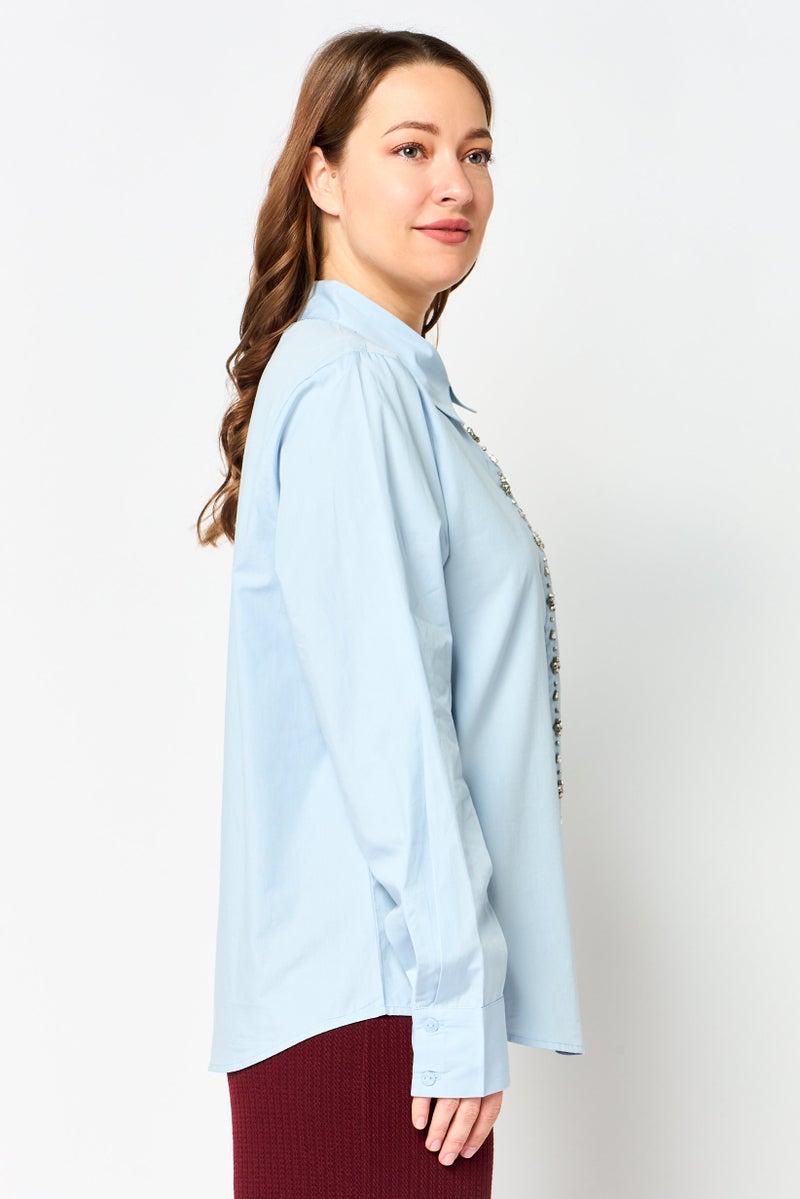 bebe Women Spread Collar Embellished Long Sleeve Shirt, Light Blue - Image 2